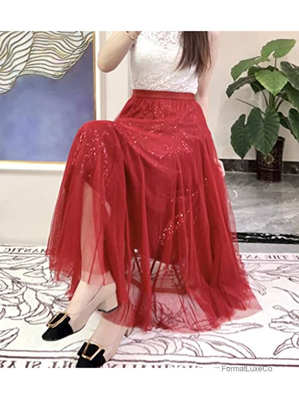 Women Long Tulle Sequin Layered High Waist A-Line Flowy Party Skirt - Picture 2 of 6